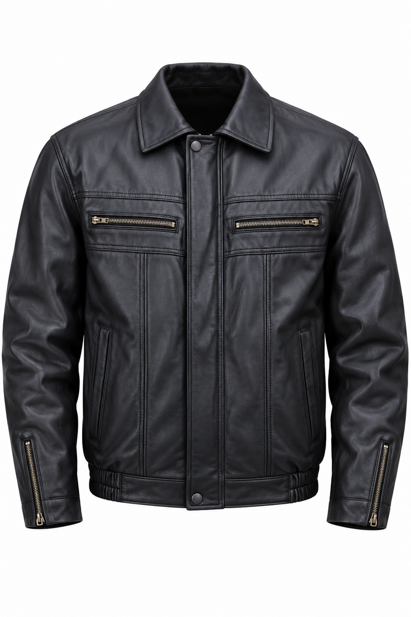 Black twin-zip collared jacket size Large, front view on white background