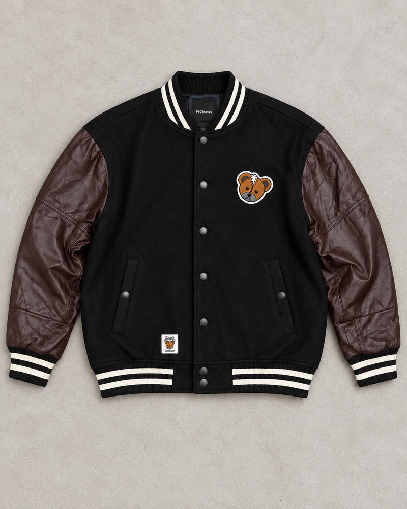 Lost Bear black varsity jacket with burgundy-brown sleeves, front view