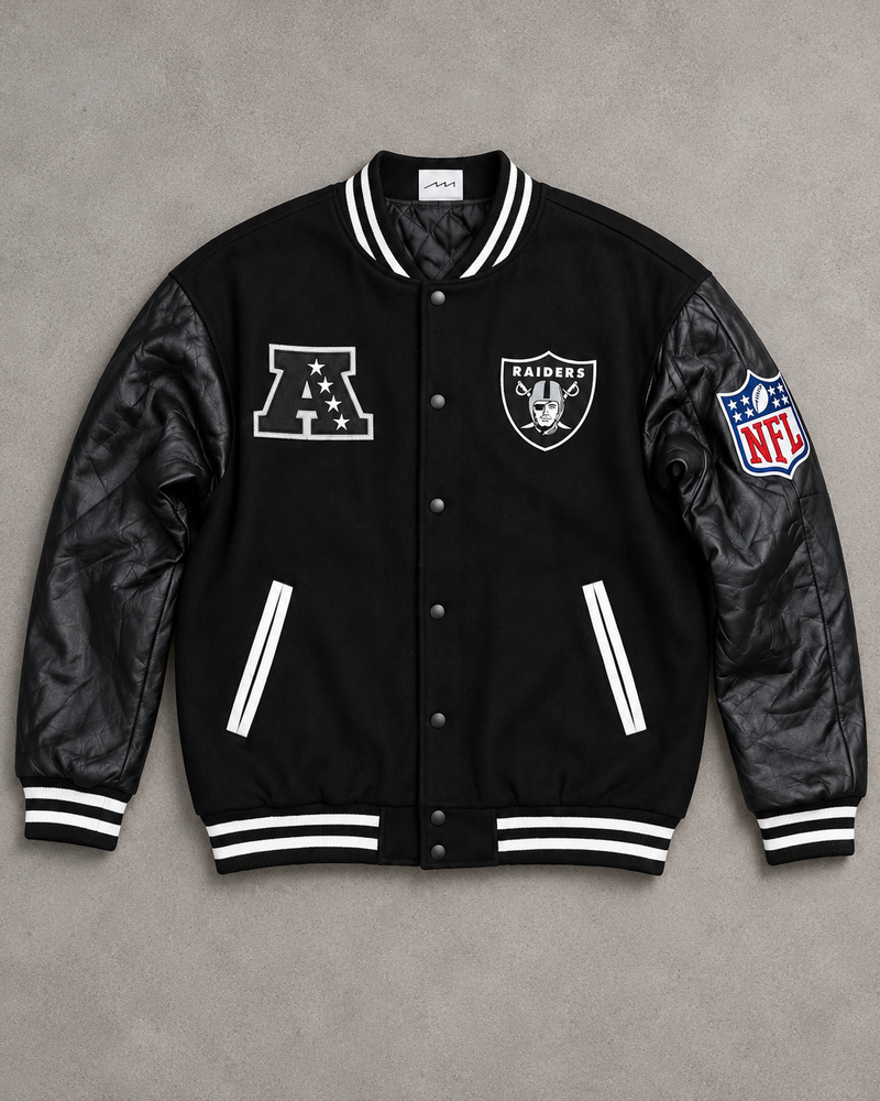 Black Raiders NFL wool and faux-leather varsity jacket, full front view