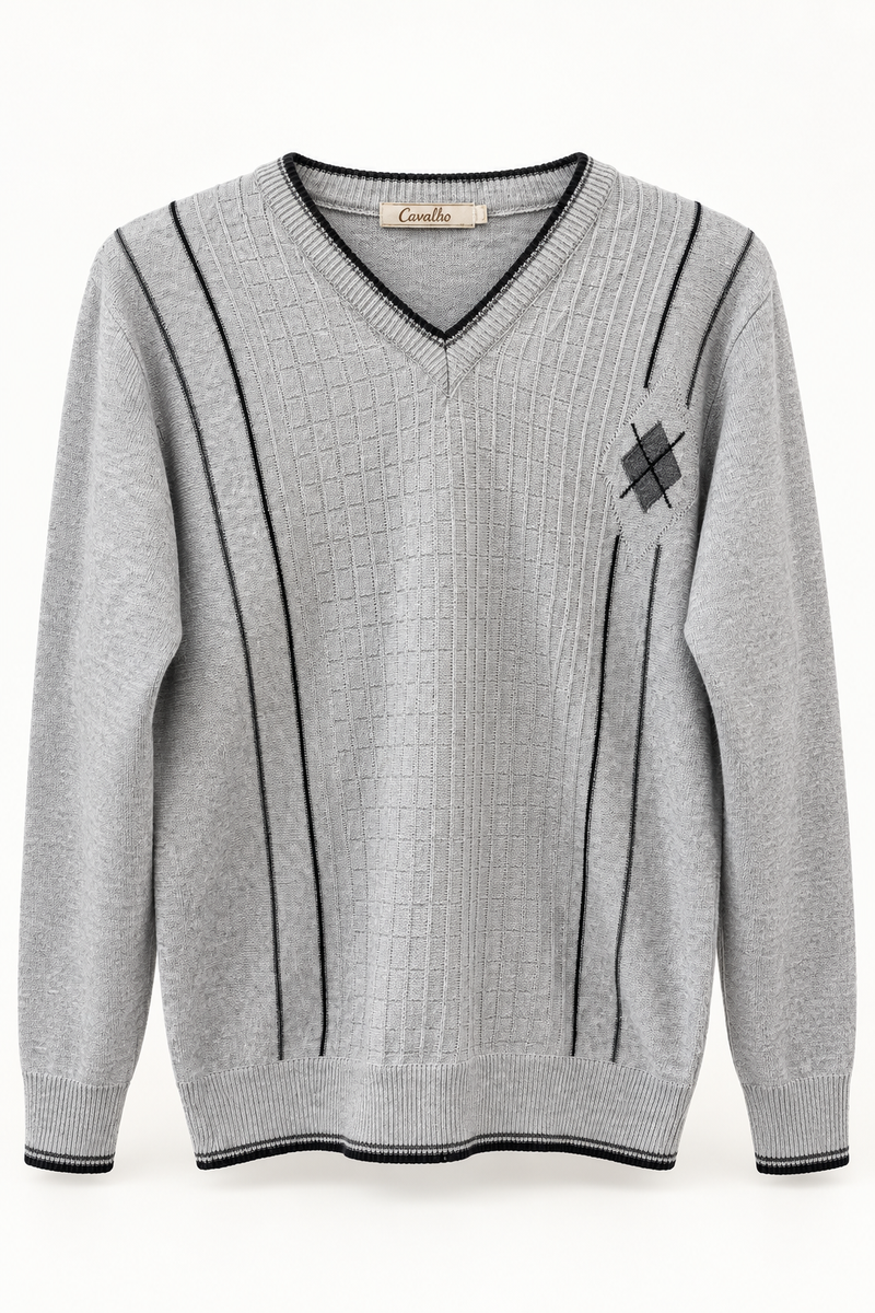 Cavalho Grey Patterned V-Neck Sweater, Medium
