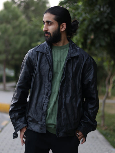 Men's black leather bomber jacket Medium, pre-loved - photo 3