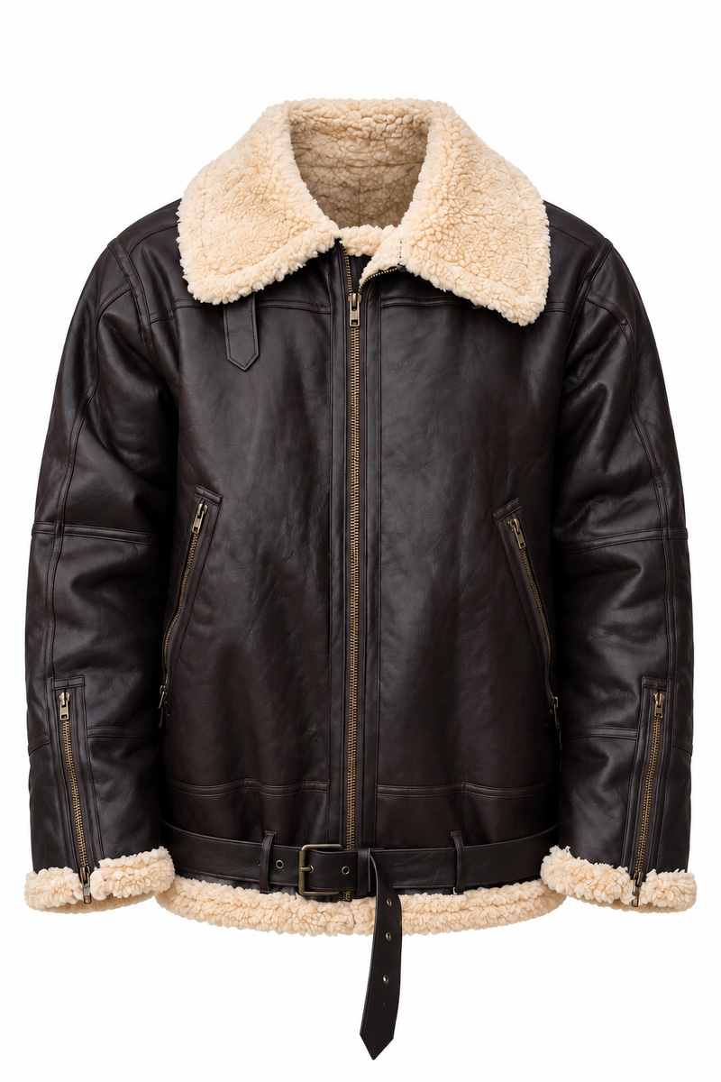 Men's brown leather shearling aviator jacket XL, pre-loved - photo 1