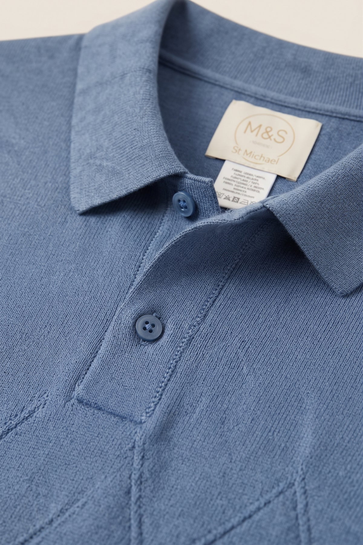 Vintage M&S St Michael Blue Knit Polo Shirt with Argyle Pattern | Large