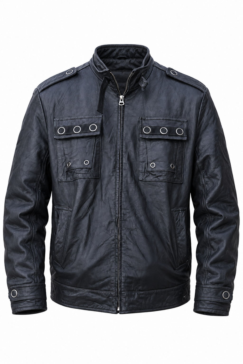 Black eyelet-detail zip jacket in Medium, front view on white background