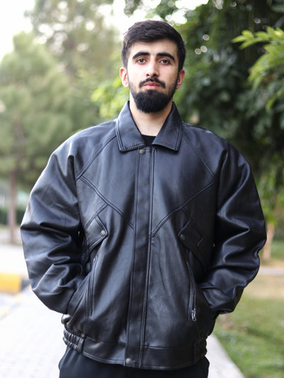 Black collared jacket size XL worn by a model, front view