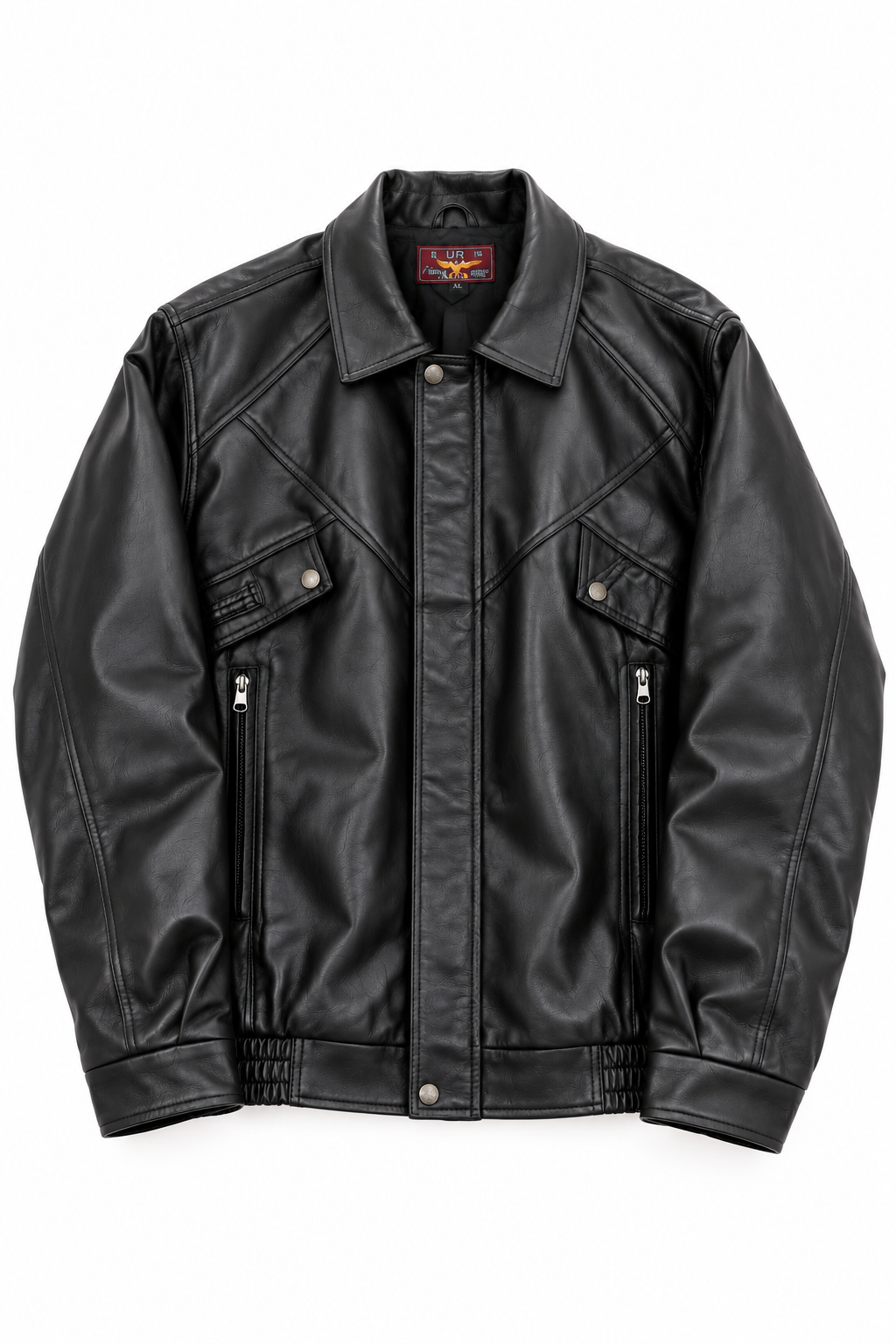 Black panelled collared jacket size XL, front view on white background