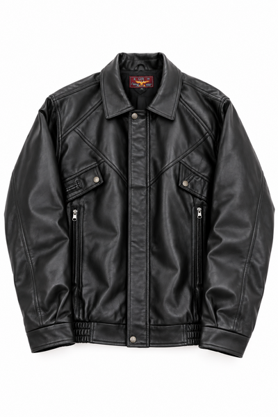 Black panelled collared jacket size XL, front view on white background