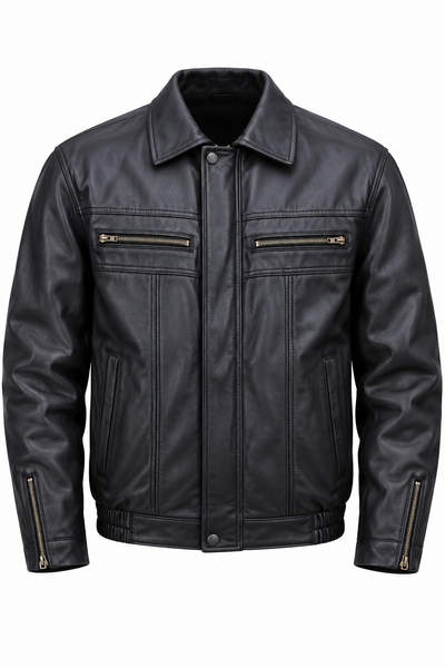 Black twin-zip collared jacket size Large, front view on white background