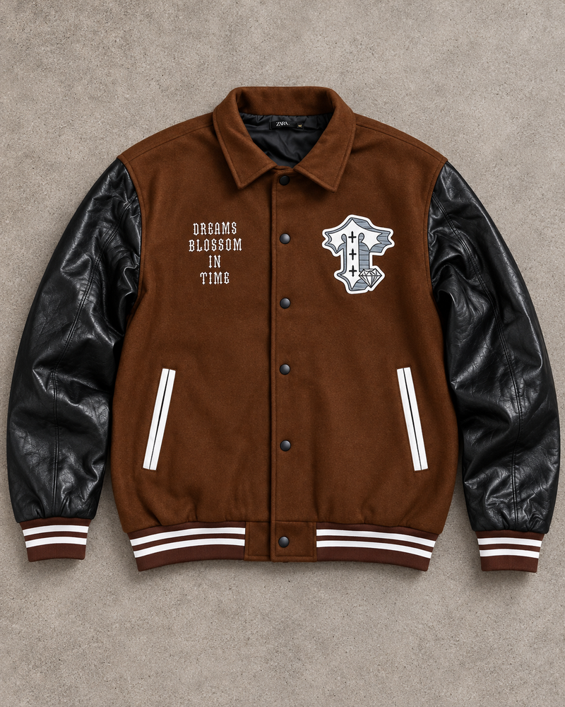 Brown and black Dreams Blossom varsity jacket full front view