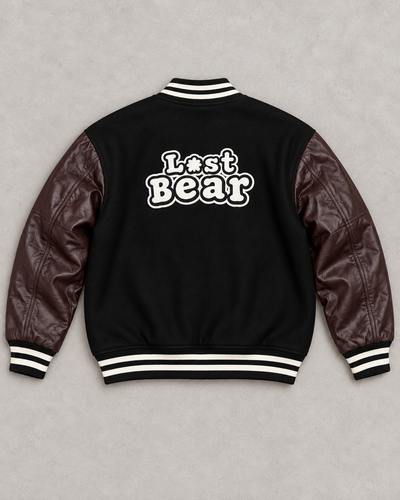 Lost Bear varsity jacket back with white outlined lettering
