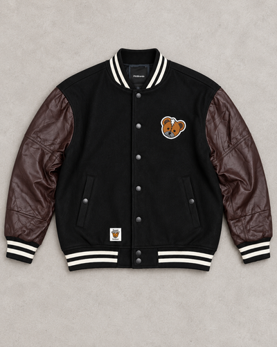 Lost Bear black varsity jacket with burgundy-brown sleeves, front view