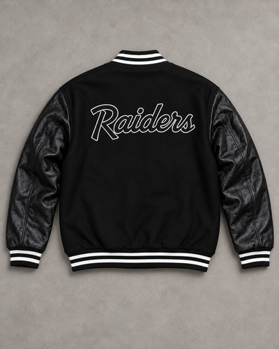 Black Raiders varsity jacket back with white outlined Raiders script embroidery