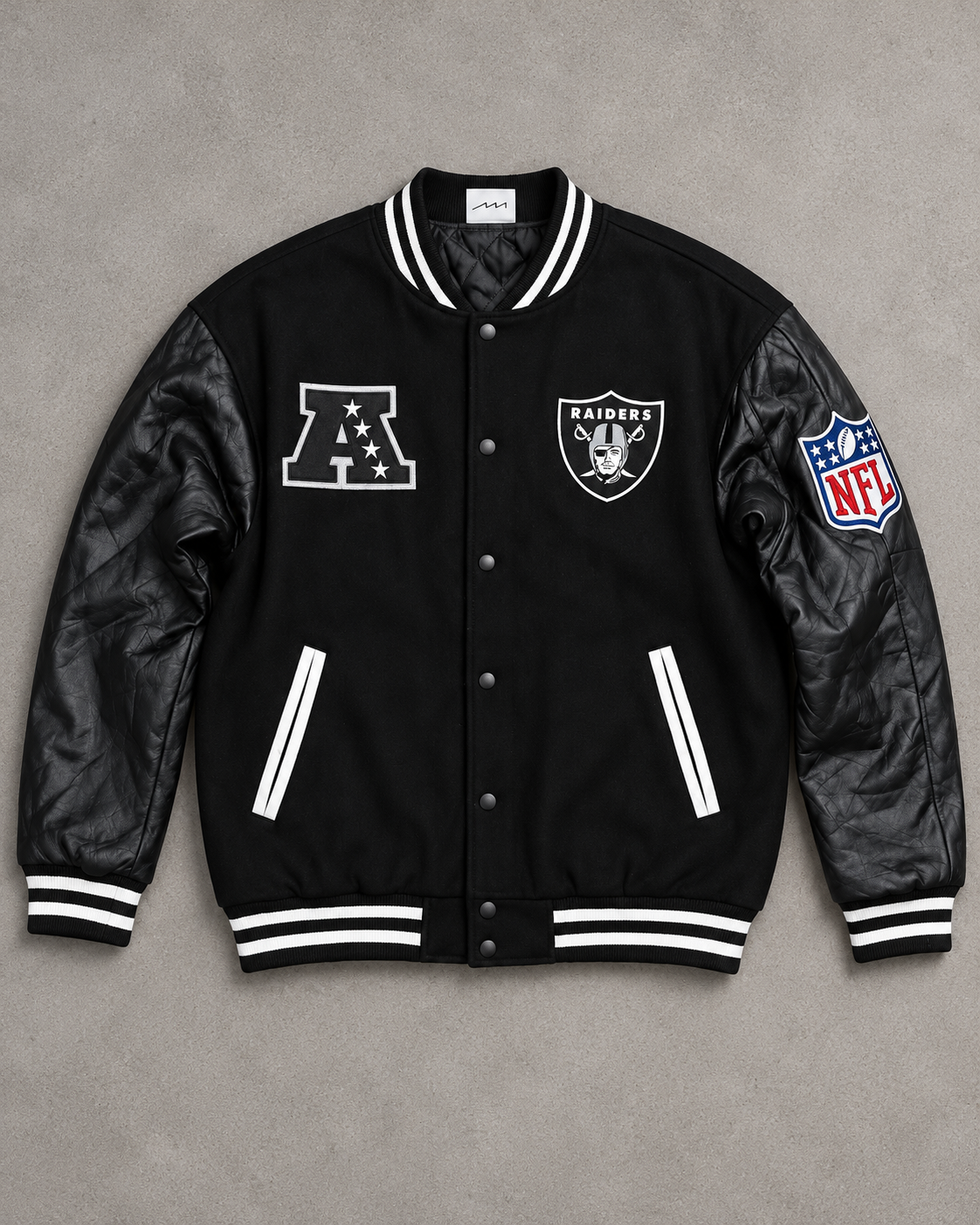 Black Raiders NFL wool and faux-leather varsity jacket, full front view