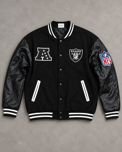 Black Raiders NFL wool and faux-leather varsity jacket, full front view