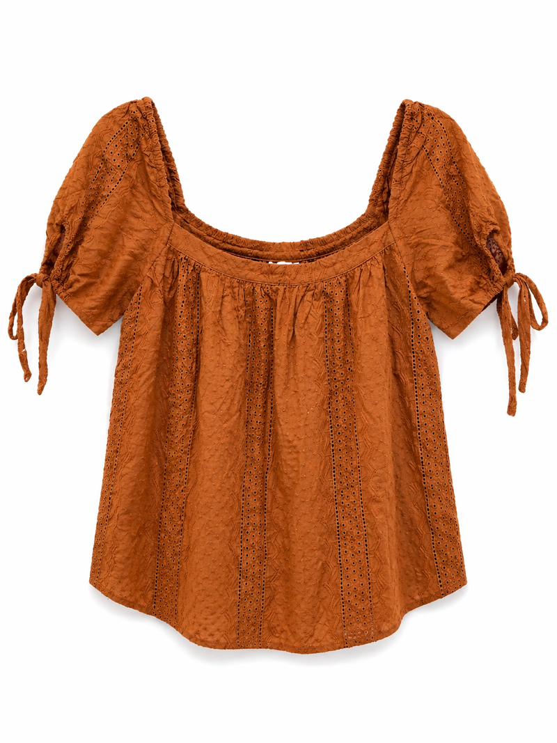 Rust Orange Off-Shoulder Eyelet Top