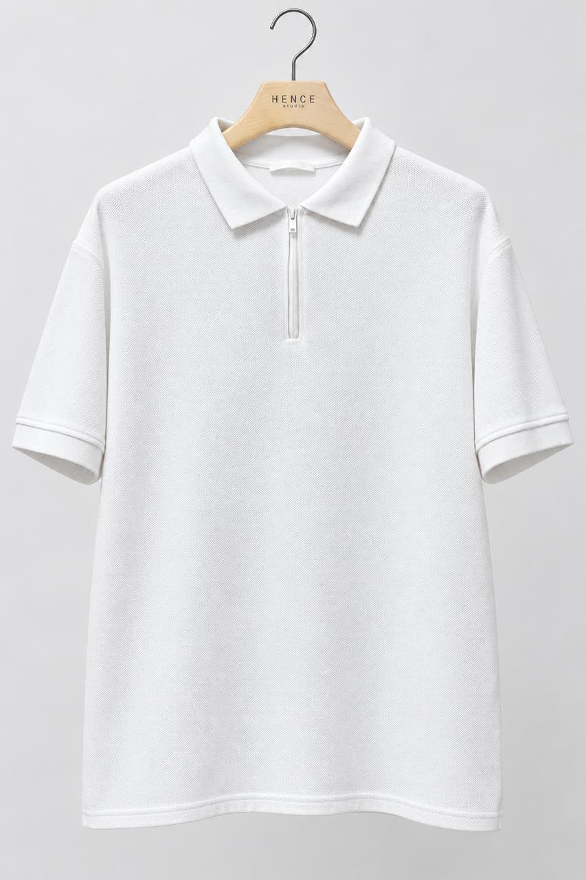 Zara White Quarter-Zip Knit Polo Shirt | Size Large