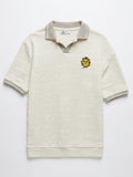 Zara Off-White Textured Polo Shirt with Embroidered Sun Motif - Size Large