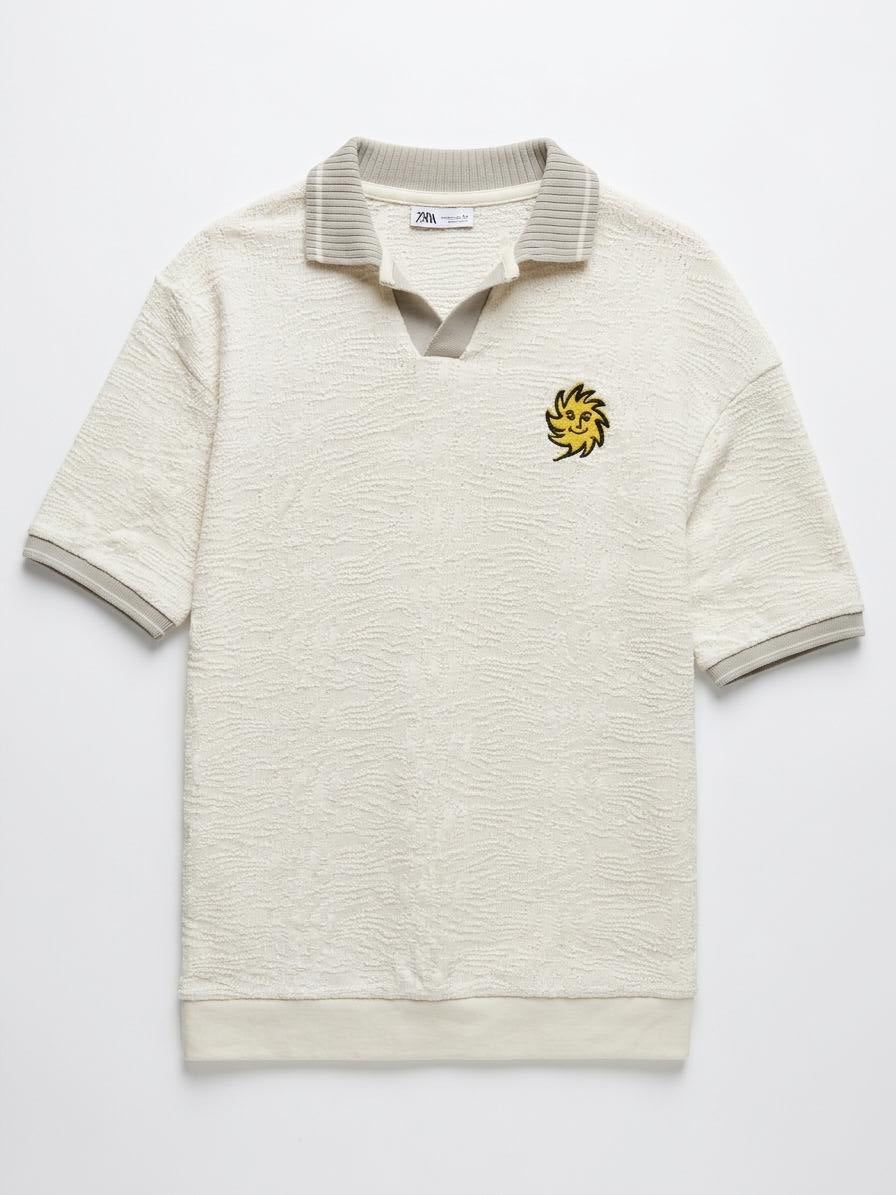Zara Off-White Textured Polo Shirt with Embroidered Sun Motif - Size Large