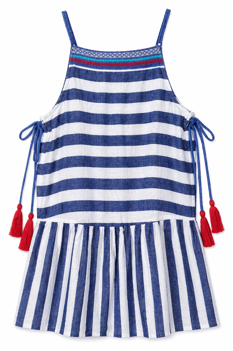 Girls Blue Stripe Tassel Dress
