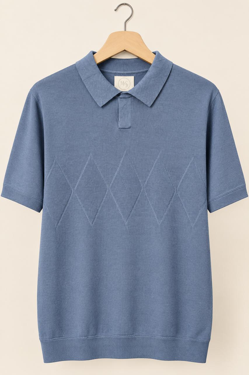 Vintage M&S St Michael Blue Knit Polo Shirt with Argyle Pattern | Large