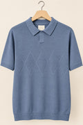 Vintage M&S St Michael Blue Knit Polo Shirt with Argyle Pattern | Large