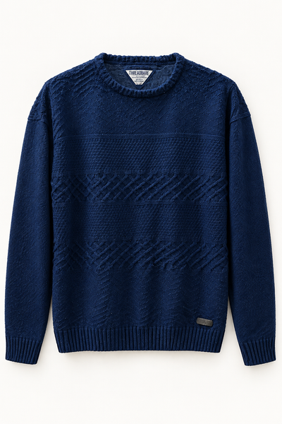 Threadbare Navy Textured Crew Neck Sweater | Large