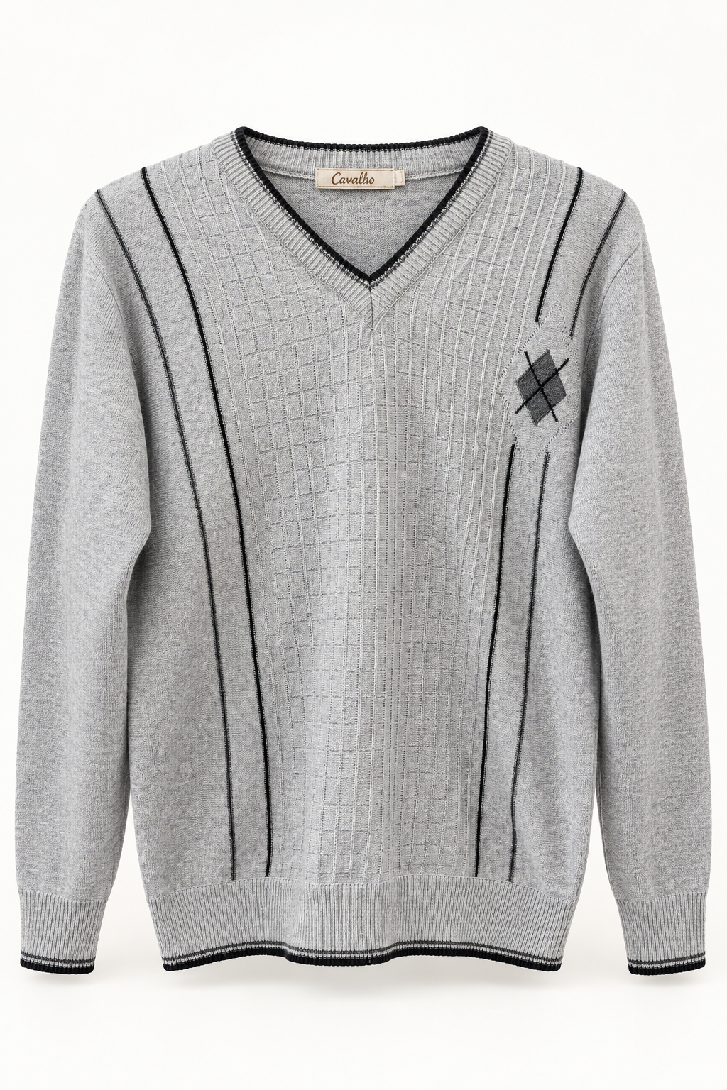 Cavalho Grey Patterned V-Neck Sweater, Medium