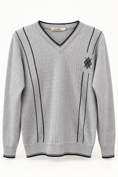 Cavalho Grey Patterned V-Neck Sweater, Medium