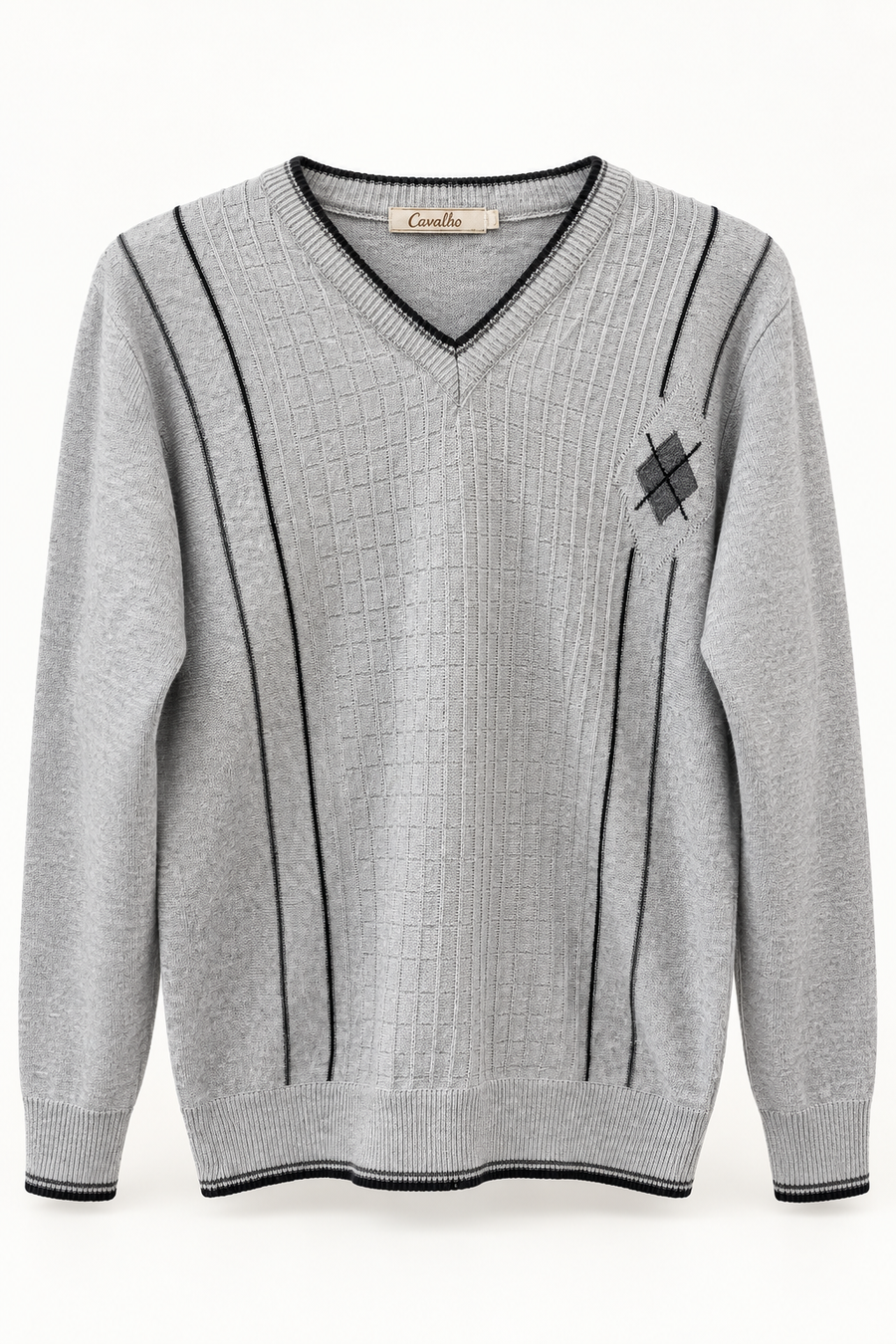 Cavalho Grey Patterned V-Neck Sweater, Medium